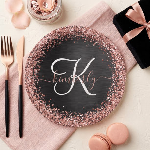 Assiettes En Carton Monogramme Pailleté Or Rose Personnalisé Noir