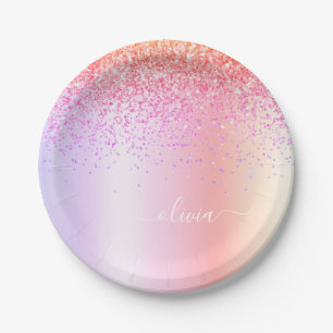 Assiettes En Carton Monogramme Pailleté Rose Or Violet Arc-en-Ciel Pas