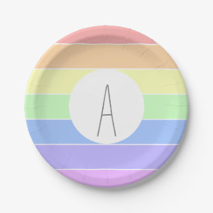 Assiettes En Carton Monogramme Pastel Arc-en-ciel bandes colorées