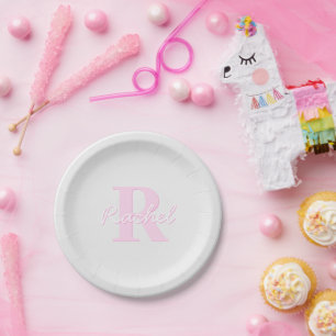 Assiettes En Carton Monogramme personnalisable Ombre rose et gris