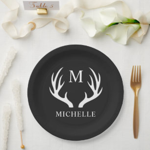 Assiettes En Carton Monogramme personnalisé avec Antler Cerf Blanc Noi