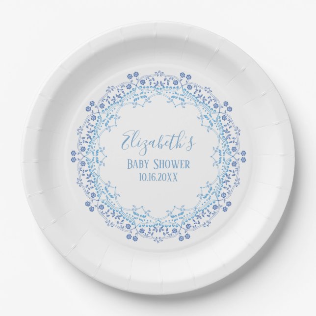 Assiettes En Carton Monogramme personnalisé bleu Simple Floral Élégant (Devant)