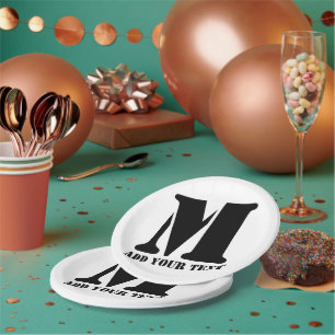 Assiettes En Carton Monogramme personnalisé noir texte moderne personn