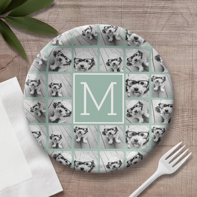 Assiettes En Carton Monogramme personnalisé photo Collage de photo uni (Personalized birthday plate with monogram and photo collage)