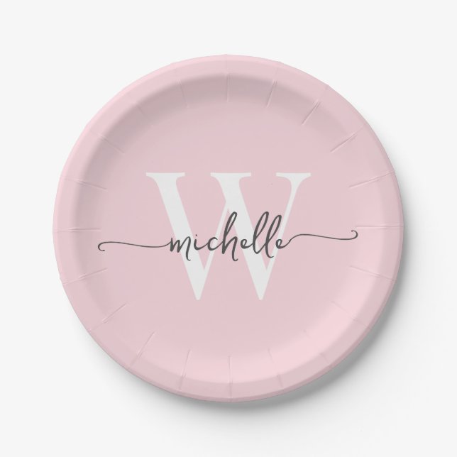 Assiettes En Carton Monogramme personnalisé rose vif moderne (Devant)