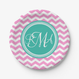 Assiettes En Carton Monogramme Pink et Turquoise Chevron Custom