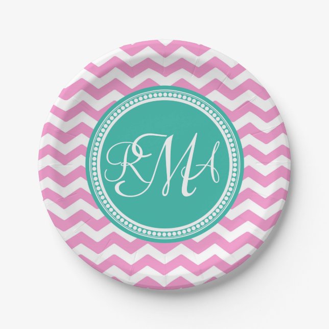 Assiettes En Carton Monogramme Pink et Turquoise Chevron Custom (Devant)