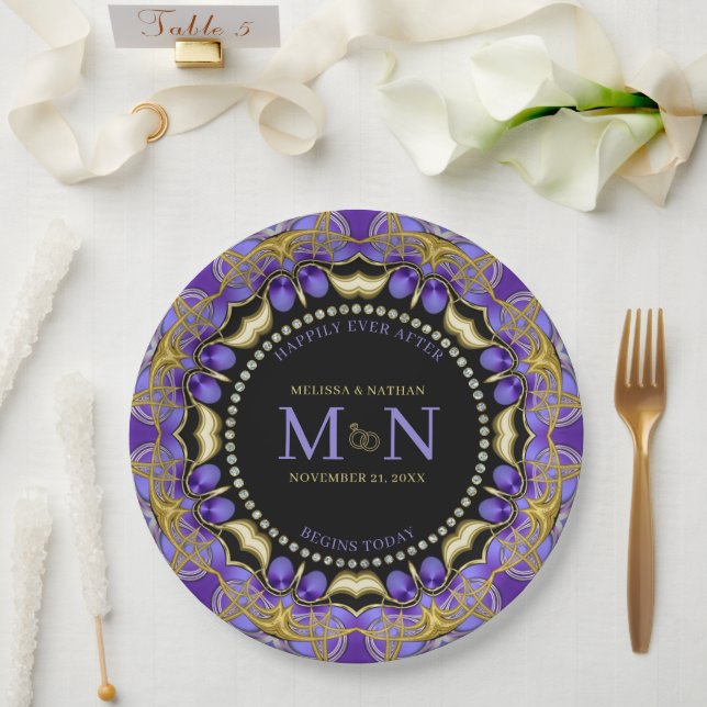 Assiettes En Carton Monogramme Purple Gold Diamond dentelle Mariage un (Mariage)