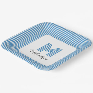 Assiettes En Carton Monogramme rayures bleues côtières minimales moder