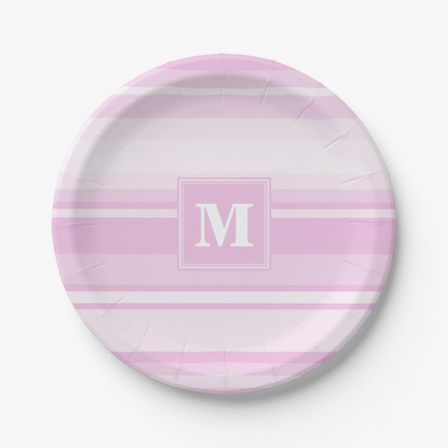 Assiettes En Carton Monogramme rayures rose bébé (Devant)