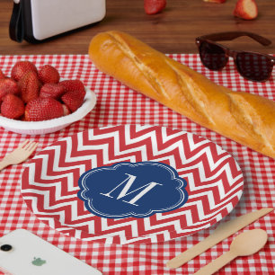 Assiettes En Carton Monogramme rouge blanc et bleu Chevron