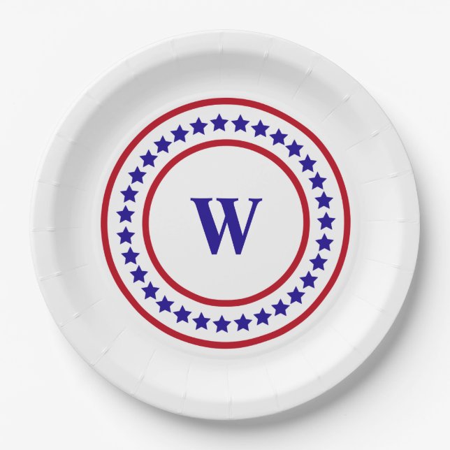 Assiettes En Carton Monogramme Rouge Blanc et Bleu étoiles Patriotique (Devant)