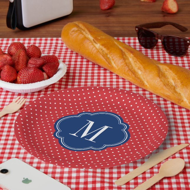 Assiettes En Carton Monogramme rouge blanc et bleu Pois (Pique-nique)