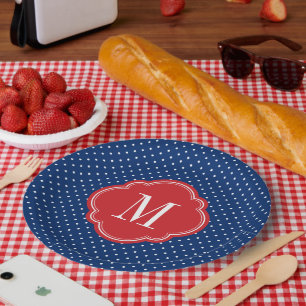 Assiettes En Carton Monogramme rouge blanc et bleu Pois