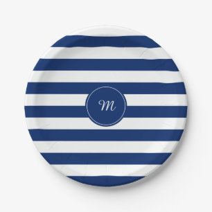 Assiettes En Carton Monogramme Royal Bleu rayé