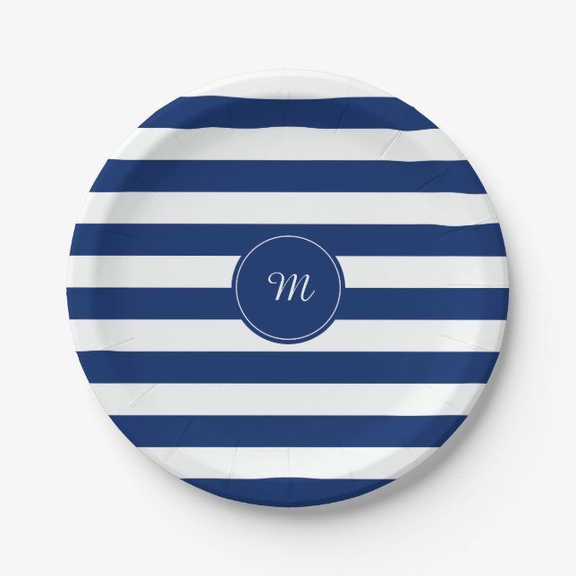 Assiettes En Carton Monogramme Royal Bleu rayé (Devant)