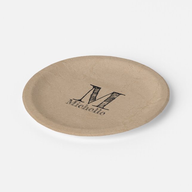 Assiettes En Carton Monogramme Rustique Kraft papier Brown Look (Angle)