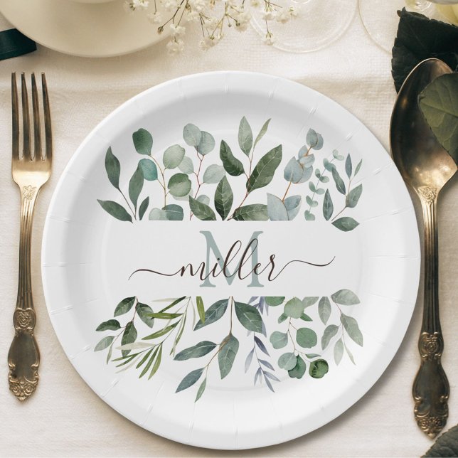 Assiettes En Carton Monogramme Sage Green Eucalyptus Feuilles de verdu (In situ)