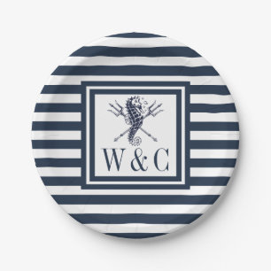 Assiettes En Carton Monogramme Seahorse Marine Bleue Bleu