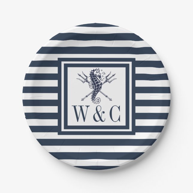 Assiettes En Carton Monogramme Seahorse Marine Bleue Bleu (Devant)