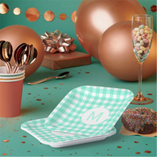 Assiettes En Carton Monogramme simple En vichy verte de la menthe