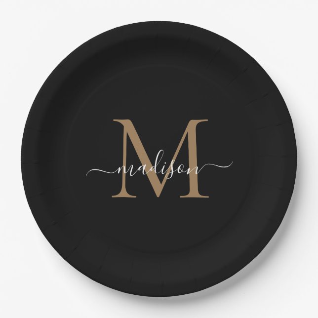 Assiettes En Carton Monogramme simple or et noir Nom de script féminin (Devant)