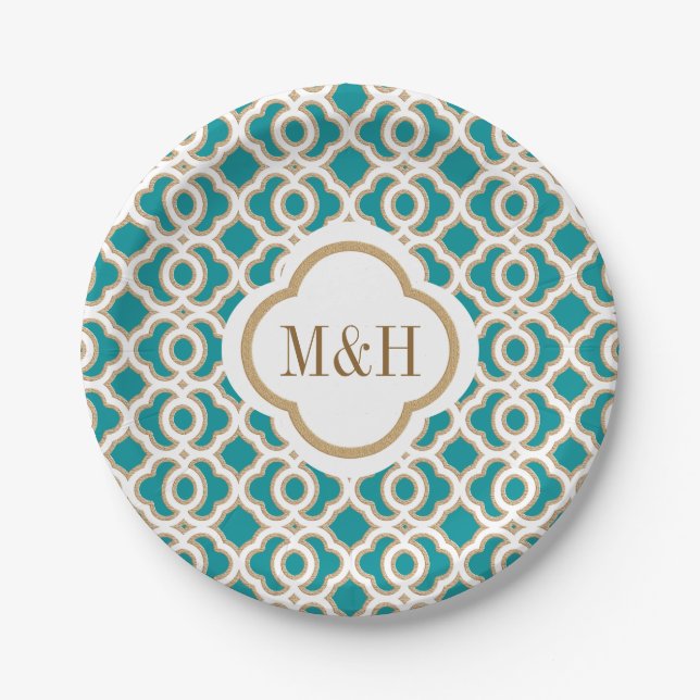 Assiettes En Carton Monogramme Turquoise et or Mariage marocain (Devant)