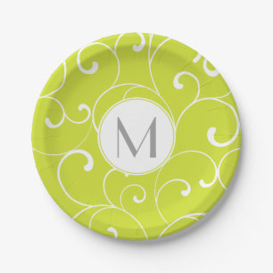 Assiettes En Carton Monogramme vert de chaux de boucles lunaires moder