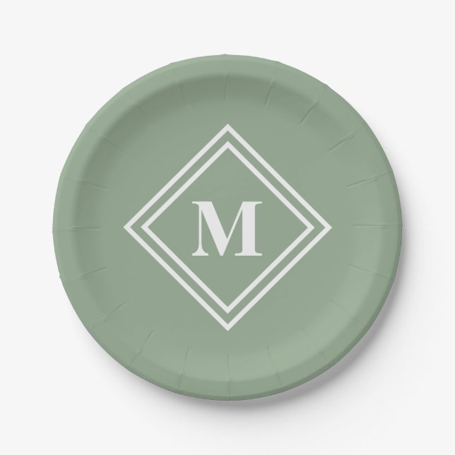 Assiettes En Carton Monogramme vert Sage moderne (Devant)