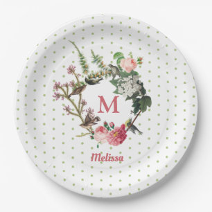 Assiettes En Carton Monogramme Vintage Floral et Pois de couronne d'oi