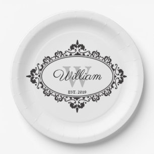 Assiettes En Carton Monogramme Vintage minimaliste noir et blanc Damas