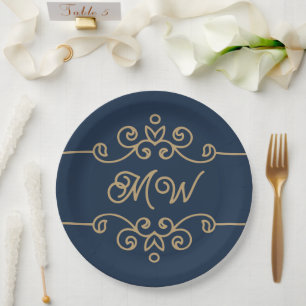 Assiettes En Carton Monogramme vintage or et bleu marine Élégant