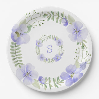 Assiettes En Carton Monogramme violet Aquarelle Florale Mariage élégan