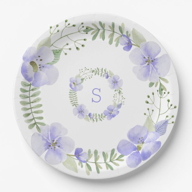 Assiettes En Carton Monogramme violet Aquarelle Florale Mariage élégan (Devant)