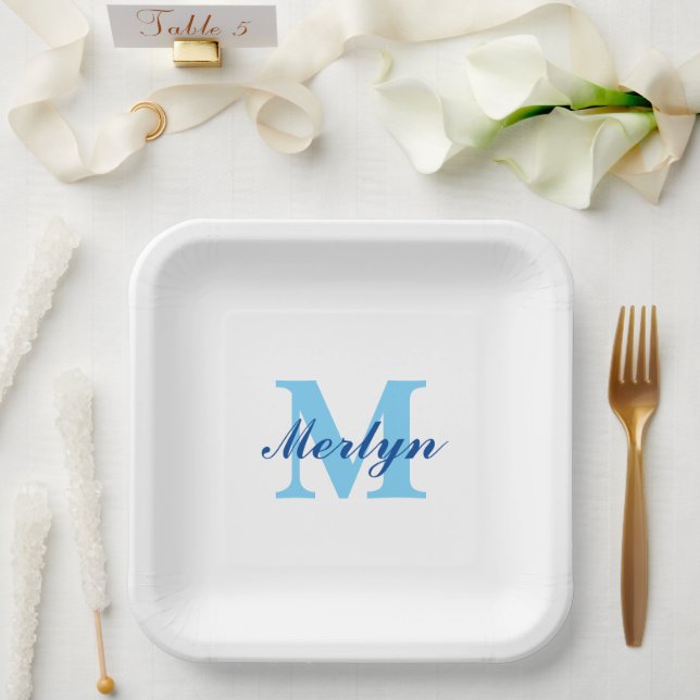 Assiettes En Carton Monogrammes Bleu Anniversaire Baby showers Élégant (Mariage)
