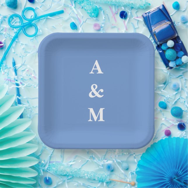 Assiettes En Carton Monogrammes Initiales Bleu Bleuet Élégant Mariage (Fête)