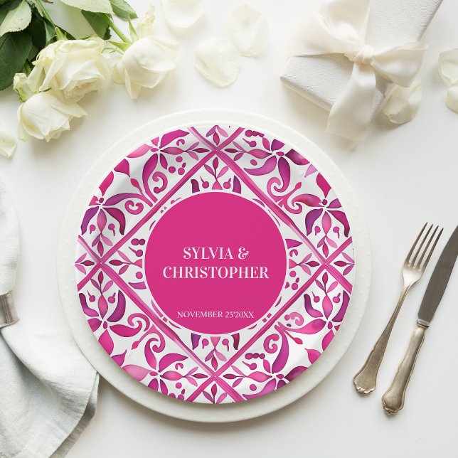 Assiettes En Carton Monographie de mariage de talavera rose espagnol i (Pink Spanish talavera Vintage Mexican Hacienda wedding monogram printed Paper Plates table decor)