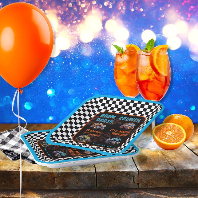 Assiettes En Carton Monster Truck Bash Boy 7e fête d'anniversaire ("Boom, Crunch, Crash, It's A Monster Truck Bash" Boy's 7th Birthday Party 9" Square Paper Plates)