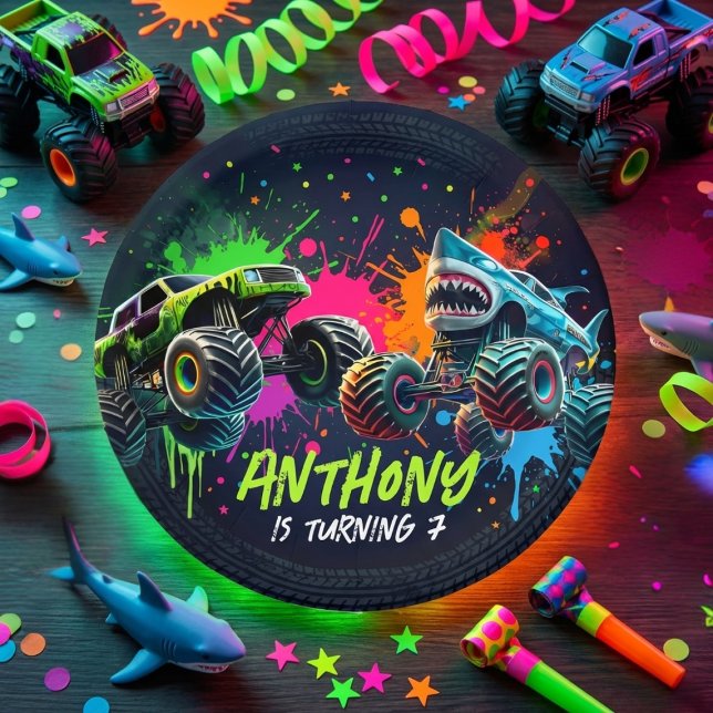 Assiettes En Carton Monster Truck Shark Birthday Paper Plates (Créateur téléchargé)