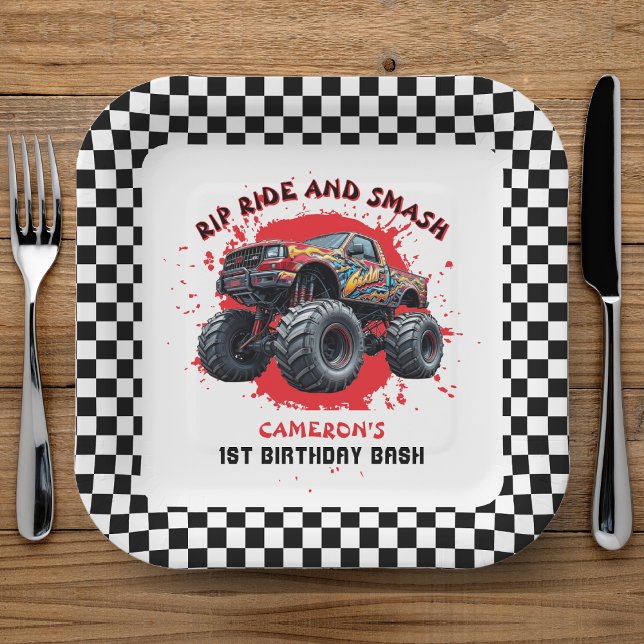 Assiettes En Carton Monster Truck Smash À damiers Drapeau 1er annivers (Monster Truck Smash Checkered Flag 1st Birthday Paper Plates
)