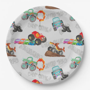 Assiettes En Carton Monster Truck Stunts Aquarelle Motif gris