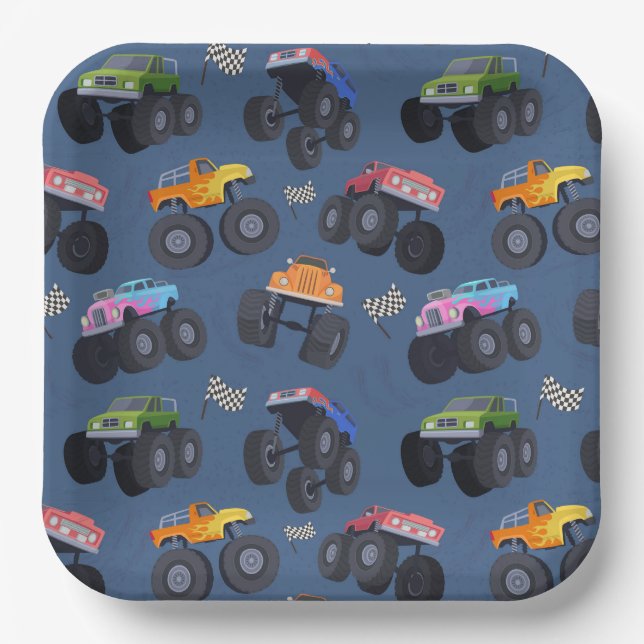 Assiettes En Carton Monster Trucks fête d'anniversaire (Recto)