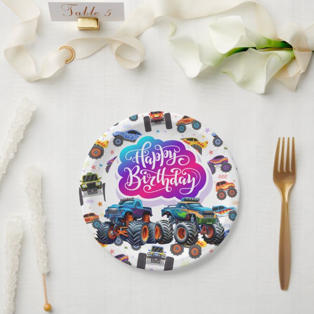 Assiettes En Carton Monster Trucks Joyeux anniversaire (Mariage)