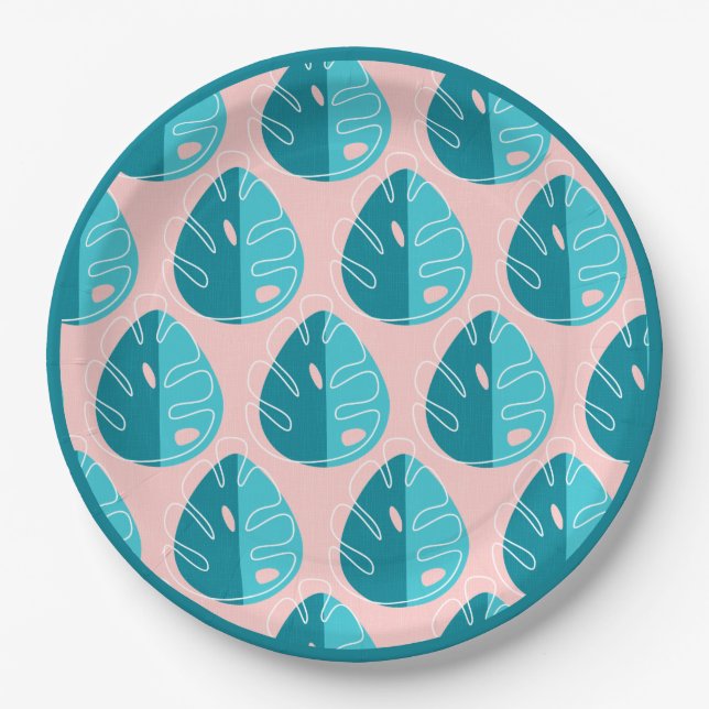 Assiettes En Carton Monstera Leaves - Blue and Pink (Devant)