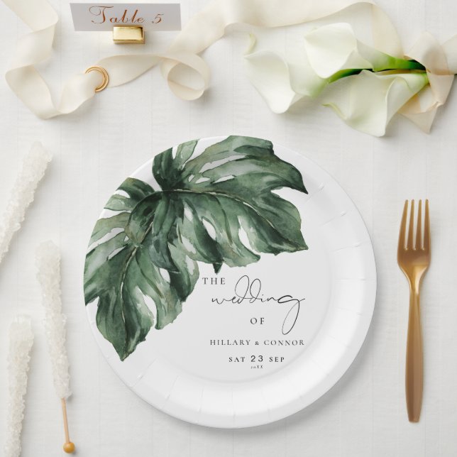 Assiettes En Carton Monstera tropicale mariage élégant (Mariage)