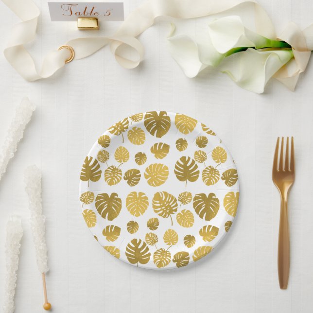 Assiettes En Carton Monstère d'or moderne Feuille Tropical Motif (Mariage)