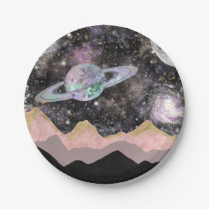 Assiettes En Carton Montagnes Spatiales Galaxie Étoilée Dorée Planètes