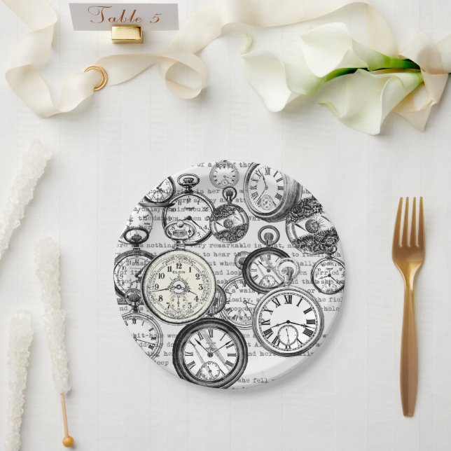 Assiettes En Carton Montre de poche victorienne Alice au pays des merv (Mariage)