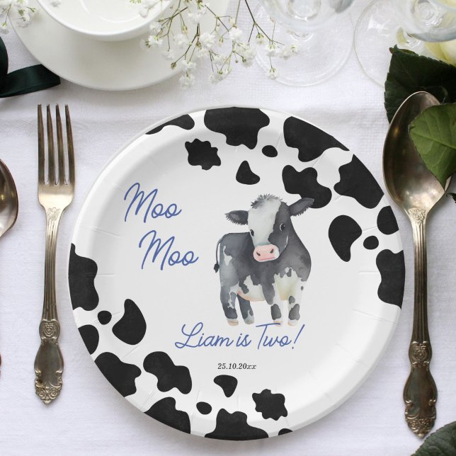 Assiettes En Carton Moo moo vache noir et bleu jolie vache fête d'anni (Moo moo cow black and blue cute cow birthday party tableware personalized paper plates cow plates)