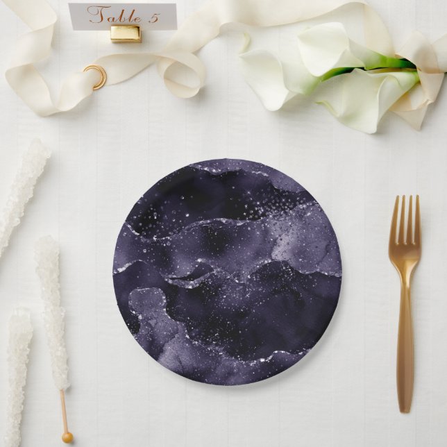 Assiettes En Carton Moody Agate | Midnight Indigo Deep Purple Glam (Mariage)